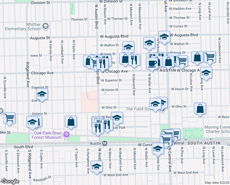 map of restaurants, bars, coffee shops, grocery stores, and more near 5906 West Erie Street in Chicago