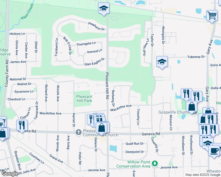 map of restaurants, bars, coffee shops, grocery stores, and more near 1N244 Redwing Drive in Carol Stream