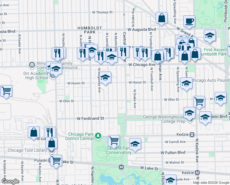 map of restaurants, bars, coffee shops, grocery stores, and more near 3658 West Ohio Street in Chicago