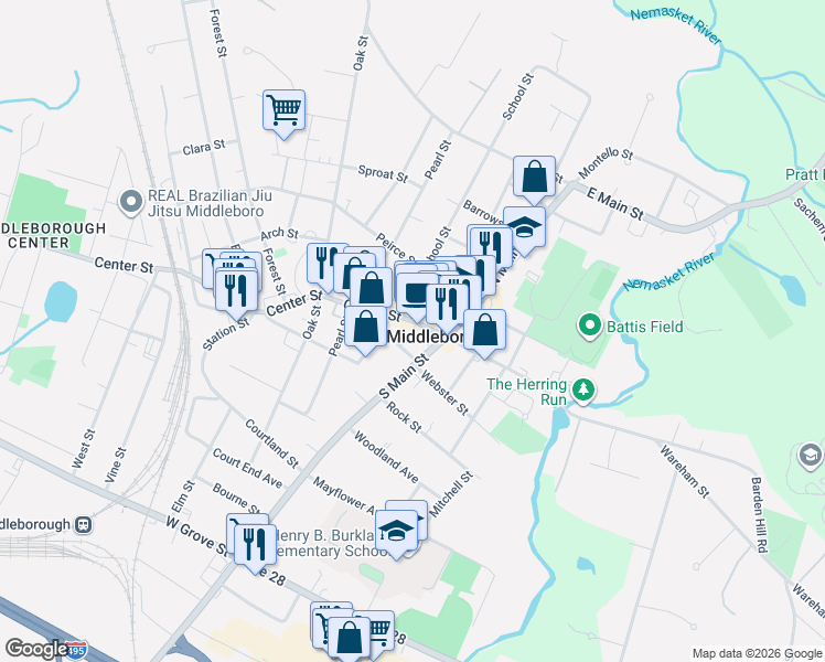 map of restaurants, bars, coffee shops, grocery stores, and more near 2 Thatchers Row in Middleborough
