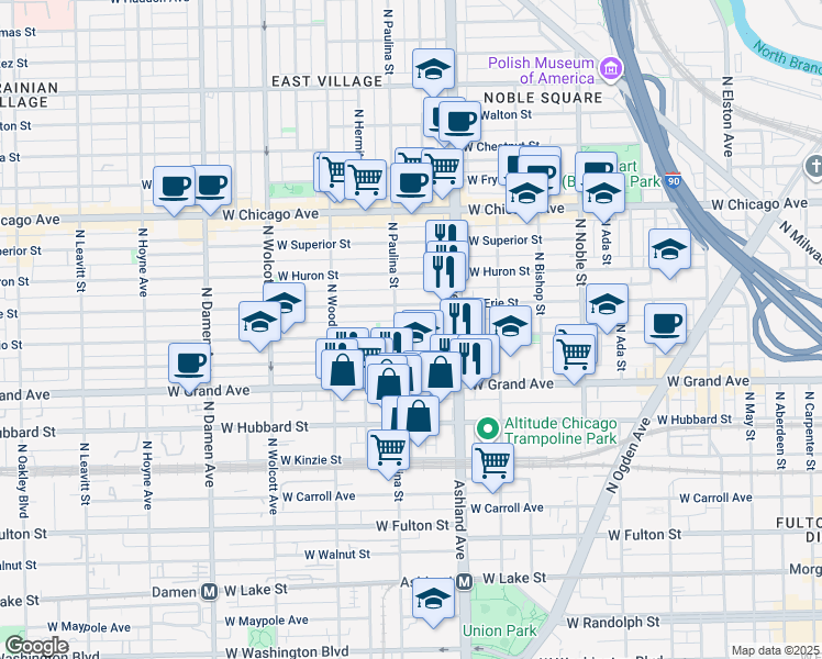 map of restaurants, bars, coffee shops, grocery stores, and more near 1647 West Ohio Street in Chicago