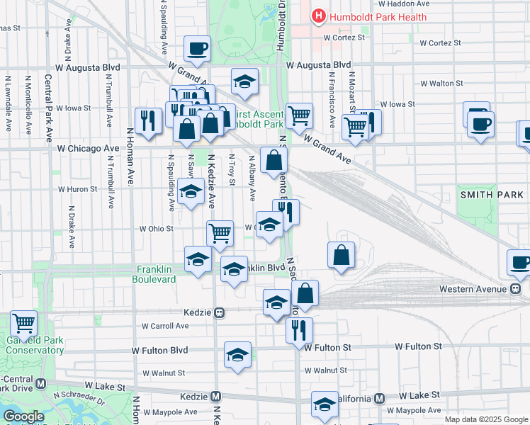map of restaurants, bars, coffee shops, grocery stores, and more near 627 North Albany Avenue in Chicago