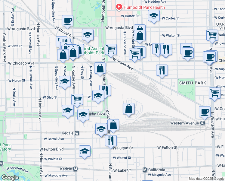map of restaurants, bars, coffee shops, grocery stores, and more near 605 North Sacramento Boulevard in Chicago