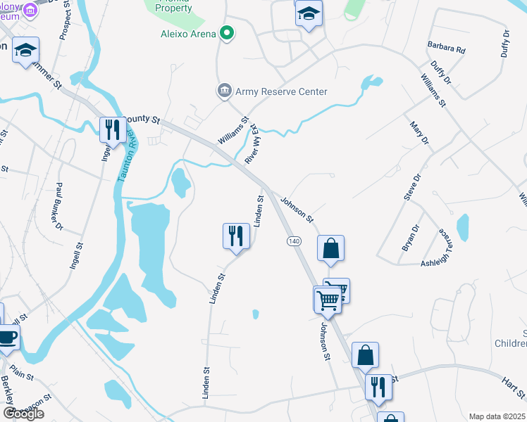 map of restaurants, bars, coffee shops, grocery stores, and more near 12 Linden Street in Taunton