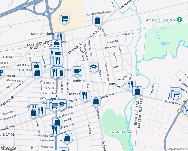 map of restaurants, bars, coffee shops, grocery stores, and more near 599 Benefit Street in Pawtucket