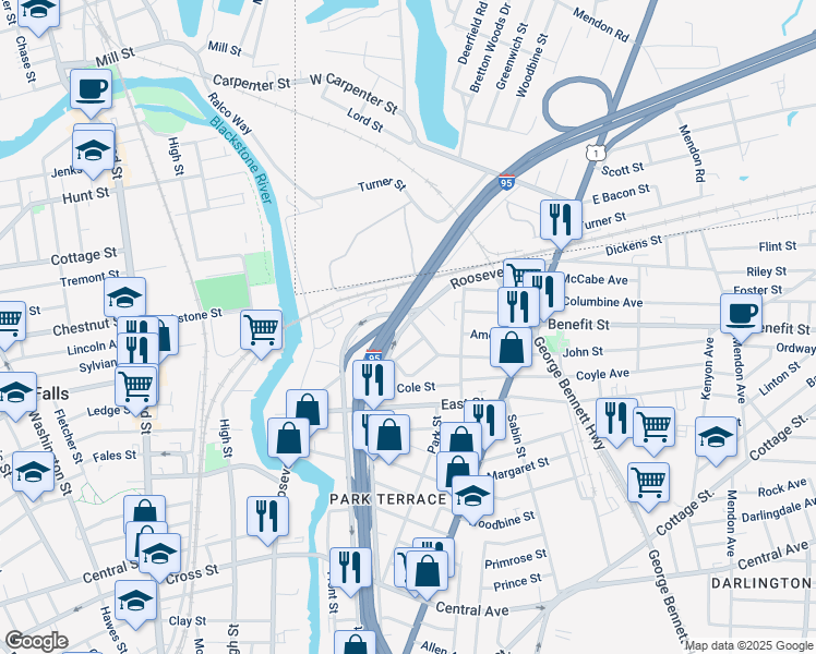map of restaurants, bars, coffee shops, grocery stores, and more near 585 Fountain Street in Pawtucket