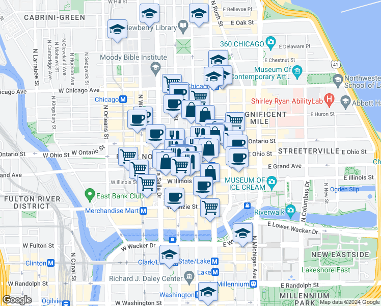 map of restaurants, bars, coffee shops, grocery stores, and more near 536 North Dearborn Street in Chicago