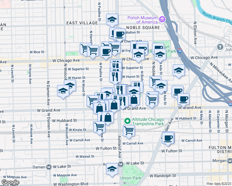 map of restaurants, bars, coffee shops, grocery stores, and more near in Chicago