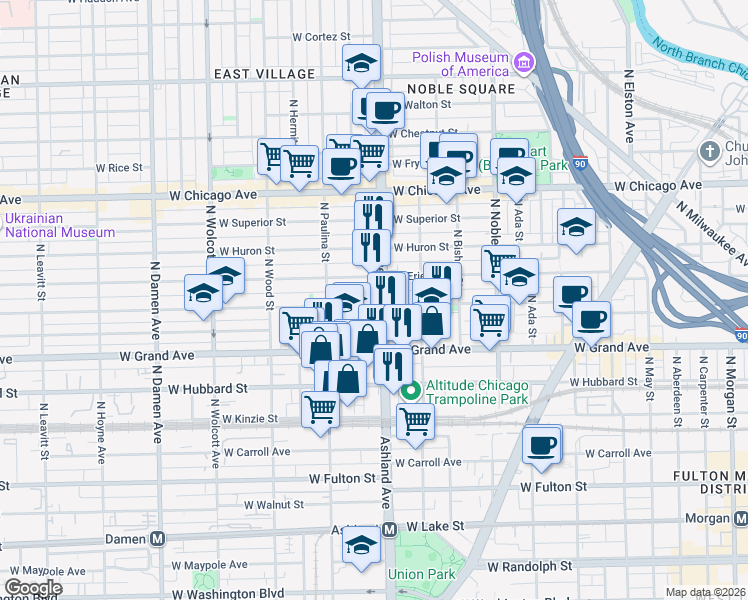 map of restaurants, bars, coffee shops, grocery stores, and more near 532 North Ashland Avenue in Chicago
