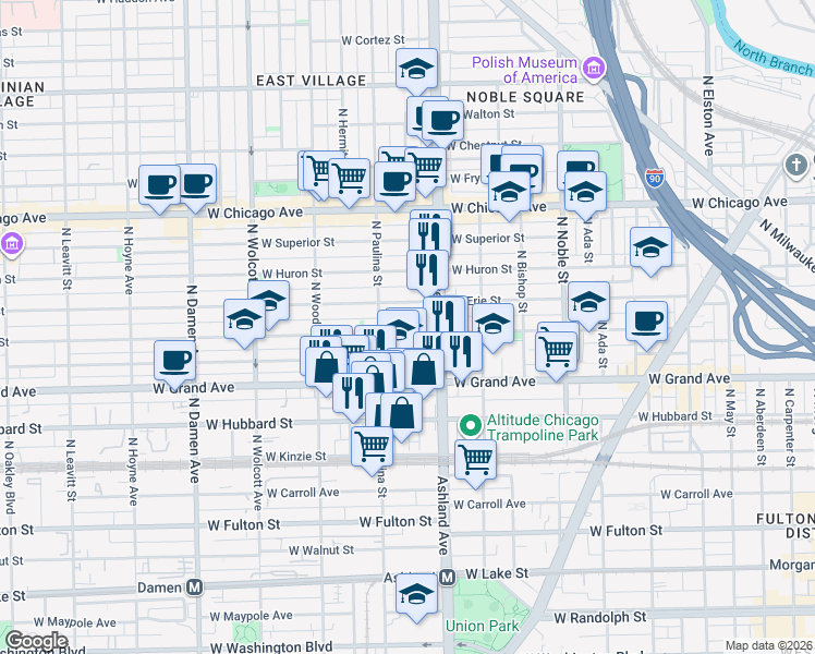 map of restaurants, bars, coffee shops, grocery stores, and more near 1647 West Ohio Street in Chicago
