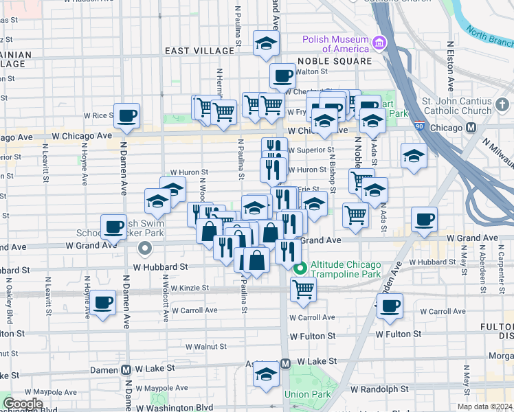 map of restaurants, bars, coffee shops, grocery stores, and more near 1647 West Ohio Street in Chicago