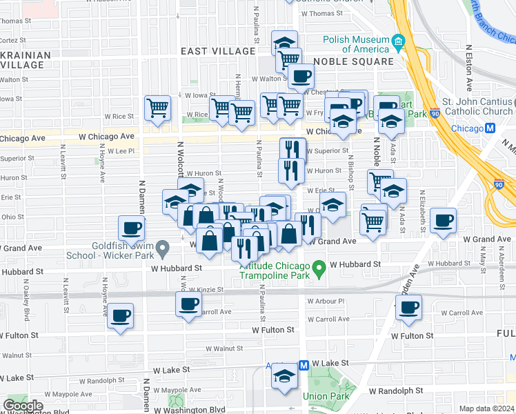 map of restaurants, bars, coffee shops, grocery stores, and more near 534 North Hermitage Avenue in Chicago