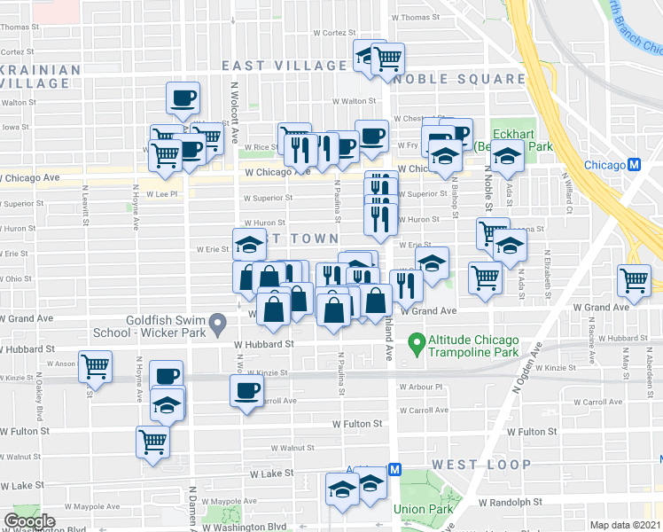 map of restaurants, bars, coffee shops, grocery stores, and more near 534 North Hermitage Avenue in Chicago