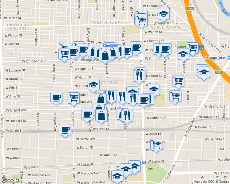 map of restaurants, bars, coffee shops, grocery stores, and more near 534 North Hermitage Avenue in Chicago