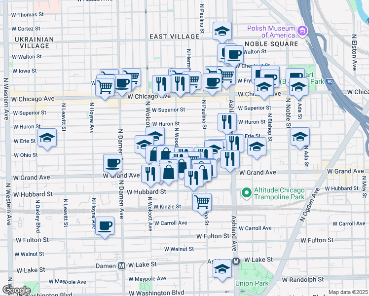 map of restaurants, bars, coffee shops, grocery stores, and more near 537 North Wood Street in Chicago
