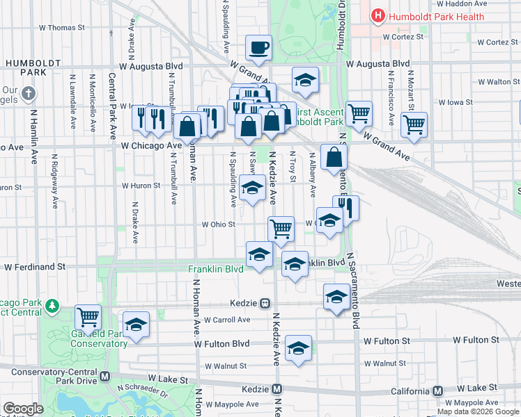 map of restaurants, bars, coffee shops, grocery stores, and more near 600 North Sawyer Avenue in Chicago