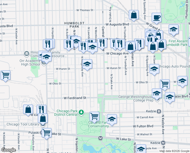 map of restaurants, bars, coffee shops, grocery stores, and more near 3658 West Ohio Street in Chicago