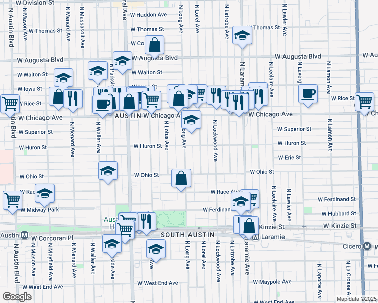 map of restaurants, bars, coffee shops, grocery stores, and more near 629 North Long Avenue in Chicago