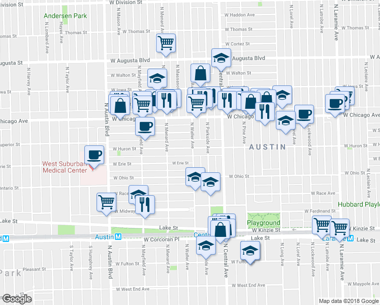 map of restaurants, bars, coffee shops, grocery stores, and more near 5700 West Erie Street in Chicago