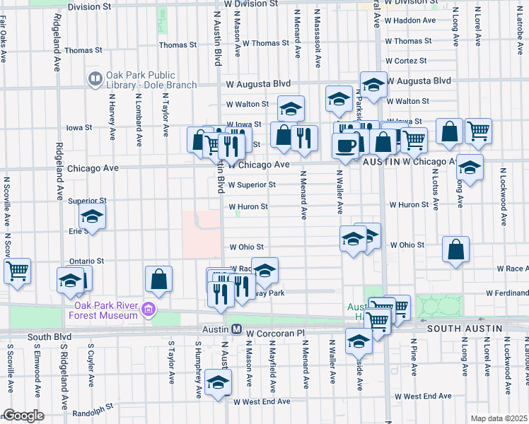 map of restaurants, bars, coffee shops, grocery stores, and more near 5906 West Erie Street in Chicago