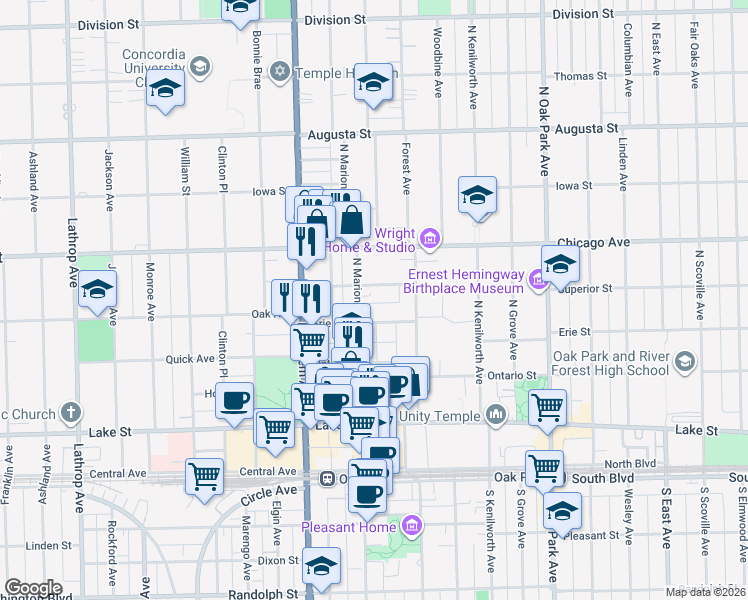 map of restaurants, bars, coffee shops, grocery stores, and more near 1040 Erie Street in Oak Park