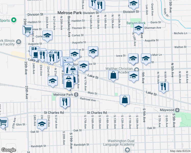 map of restaurants, bars, coffee shops, grocery stores, and more near 1504 West Lake Street in Melrose Park