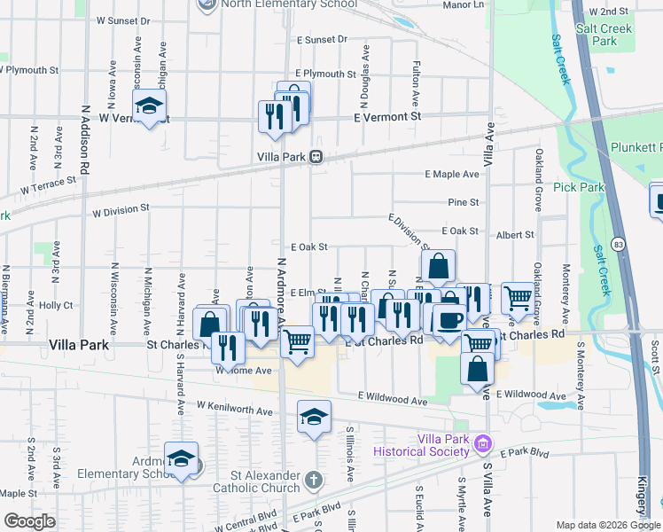 map of restaurants, bars, coffee shops, grocery stores, and more near 106 North Illinois Avenue in Villa Park
