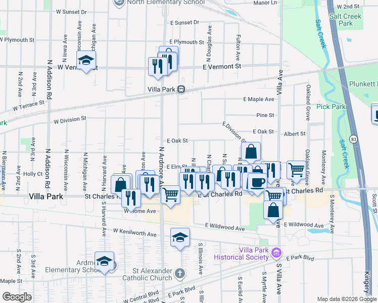 map of restaurants, bars, coffee shops, grocery stores, and more near 106 North Illinois Avenue in Villa Park
