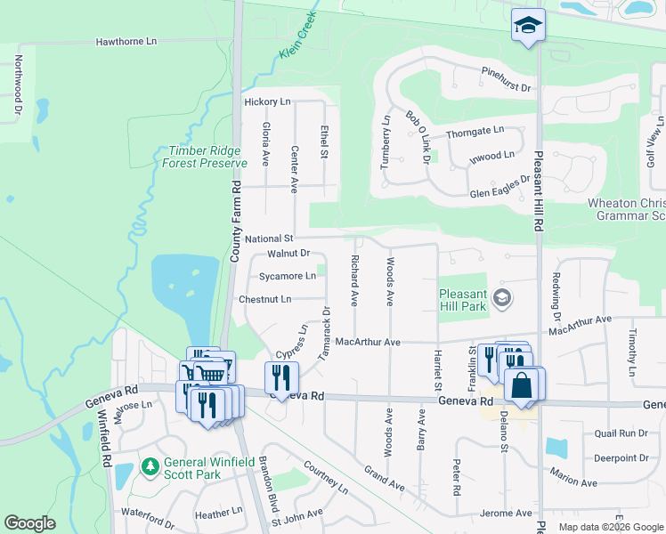 map of restaurants, bars, coffee shops, grocery stores, and more near 1N335 Tamarack Drive in Winfield