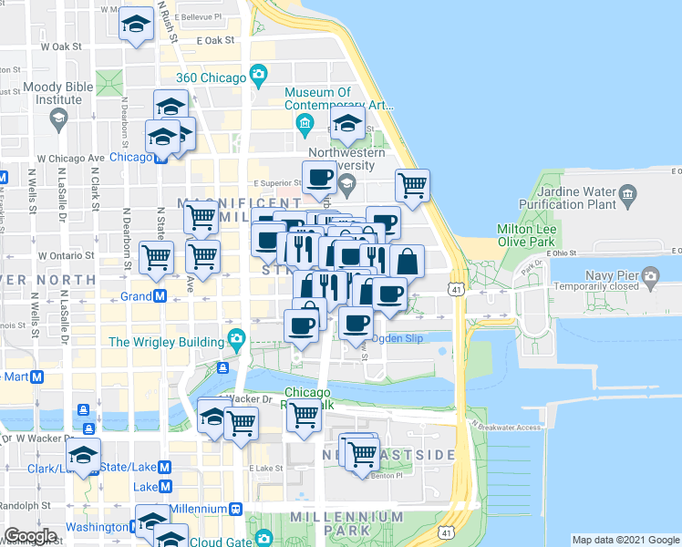 map of restaurants, bars, coffee shops, grocery stores, and more near 310 East Ohio Street in Chicago