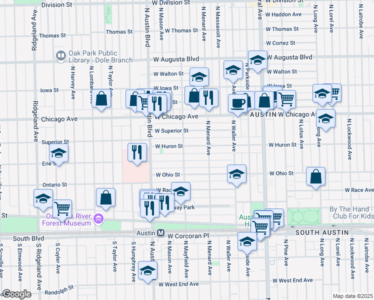 map of restaurants, bars, coffee shops, grocery stores, and more near 647 North Mayfield Avenue in Chicago