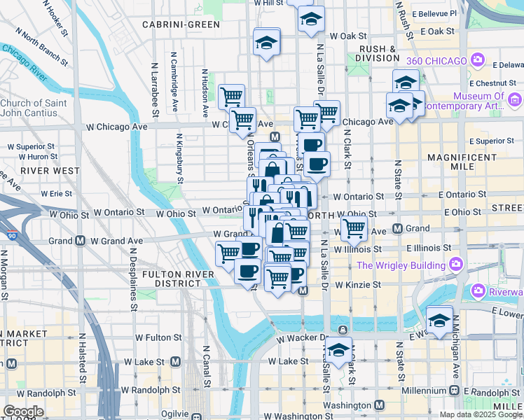 map of restaurants, bars, coffee shops, grocery stores, and more near 310 West Ohio Street in Chicago