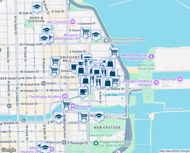 map of restaurants, bars, coffee shops, grocery stores, and more near 316 East Ohio Street in Chicago