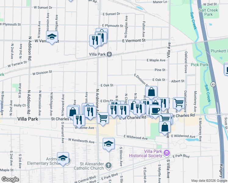 map of restaurants, bars, coffee shops, grocery stores, and more near 106 North Illinois Avenue in Villa Park