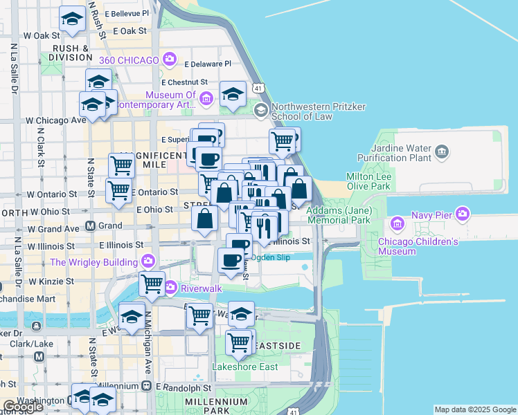 map of restaurants, bars, coffee shops, grocery stores, and more near E Ohio St & N McClurg Ct in Chicago