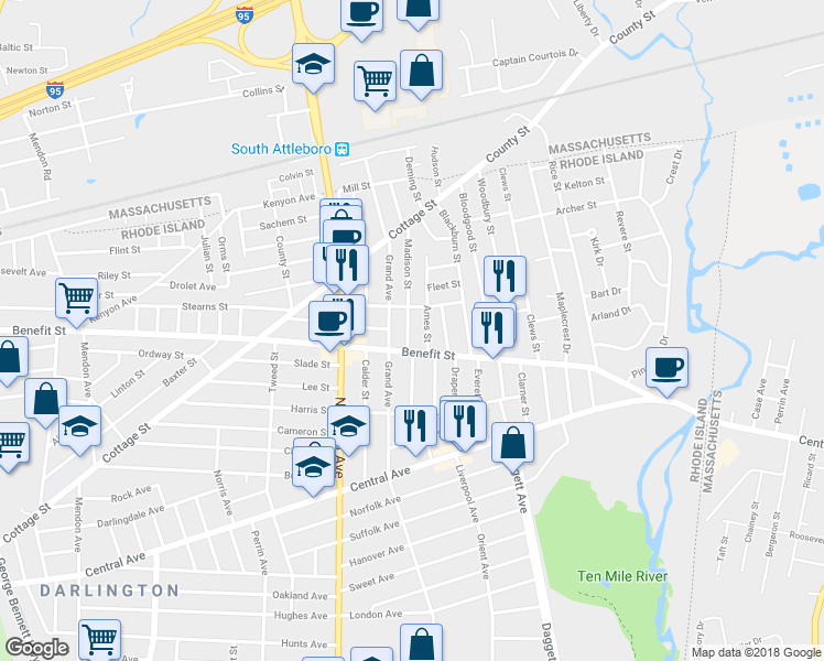 map of restaurants, bars, coffee shops, grocery stores, and more near 17 Madison Street in Pawtucket