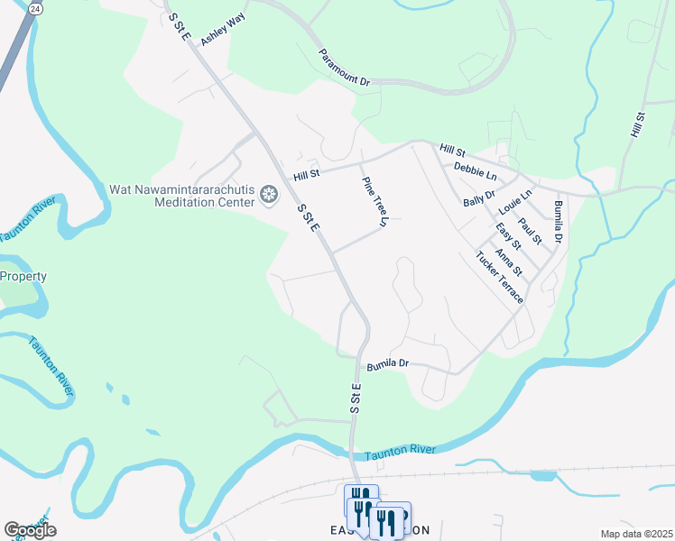 map of restaurants, bars, coffee shops, grocery stores, and more near 242 South Street East in Raynham