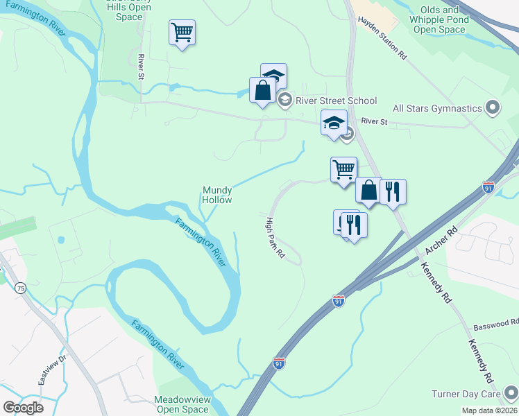 map of restaurants, bars, coffee shops, grocery stores, and more near 130 High Path Road in Windsor