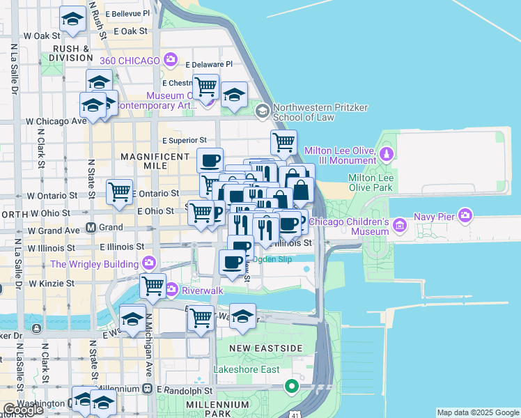 map of restaurants, bars, coffee shops, grocery stores, and more near 400 East Ohio Street in Chicago