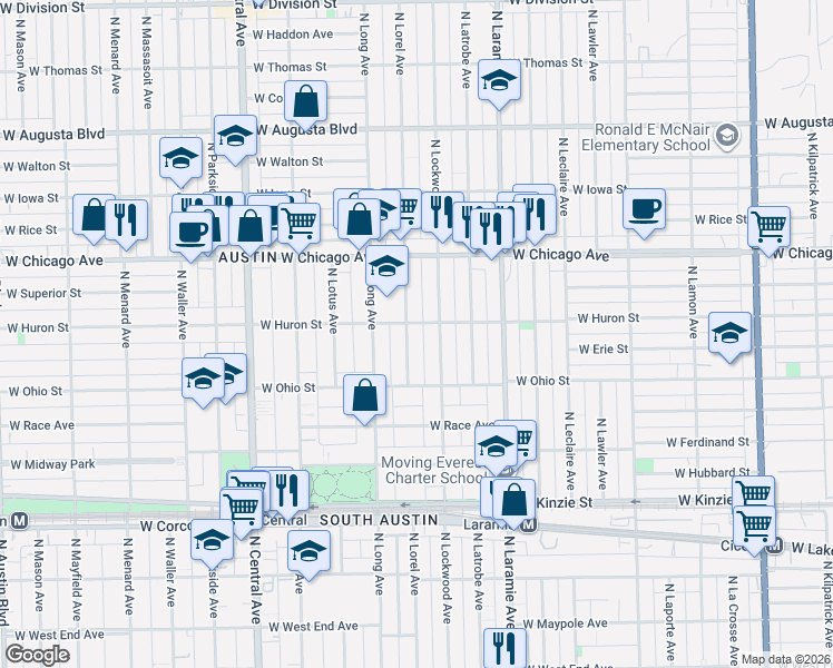 map of restaurants, bars, coffee shops, grocery stores, and more near 625 North Lorel Avenue in Chicago