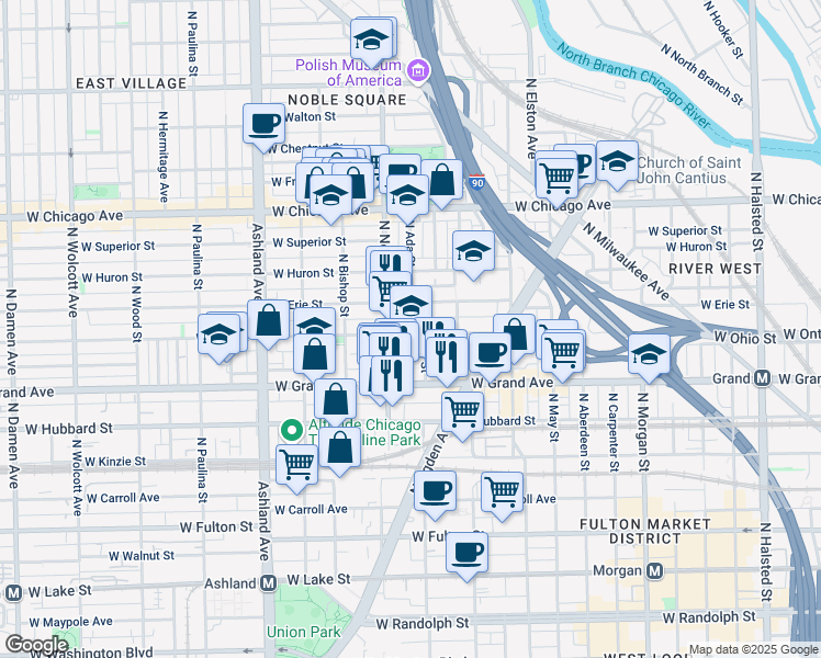 map of restaurants, bars, coffee shops, grocery stores, and more near 528 North Ada Street in Chicago