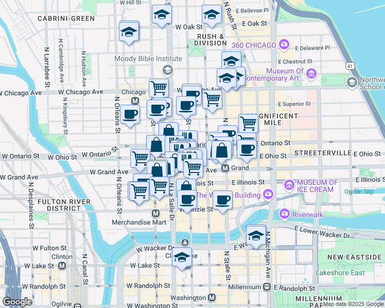 map of restaurants, bars, coffee shops, grocery stores, and more near 536 North Clark Street in Chicago