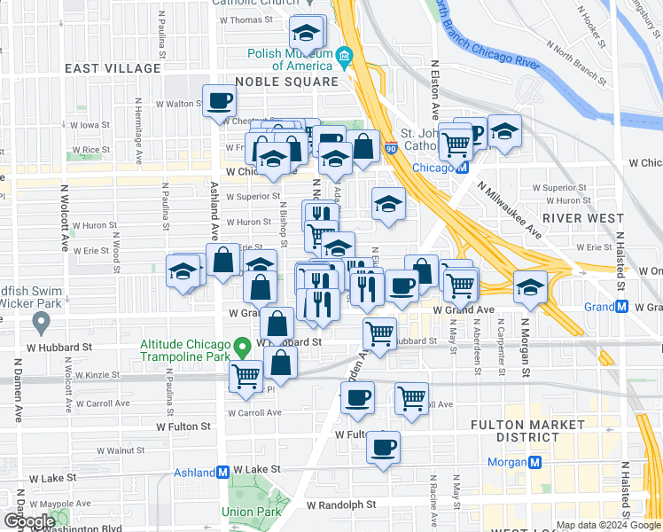 map of restaurants, bars, coffee shops, grocery stores, and more near 1354 West Ohio Street in Chicago
