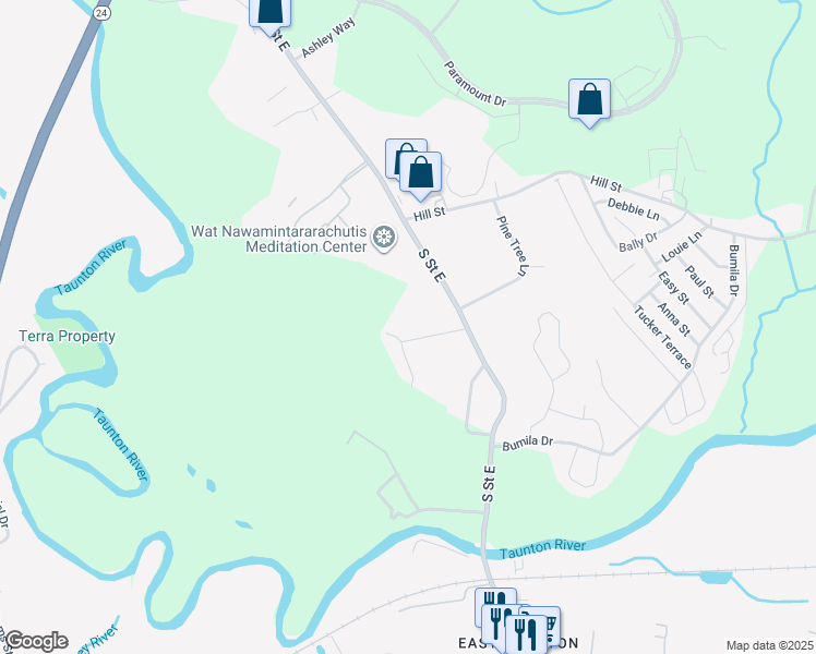 map of restaurants, bars, coffee shops, grocery stores, and more near 42 Raymond Avenue in Raynham