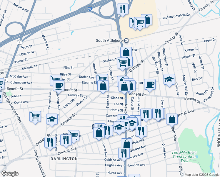 map of restaurants, bars, coffee shops, grocery stores, and more near 40 Slade Street in Pawtucket