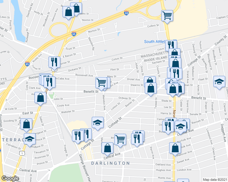 map of restaurants, bars, coffee shops, grocery stores, and more near 32 Ordway Street in Pawtucket