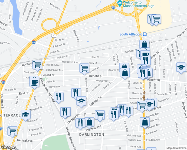 map of restaurants, bars, coffee shops, grocery stores, and more near 32 Ordway Street in Pawtucket