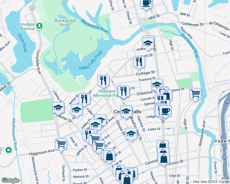 map of restaurants, bars, coffee shops, grocery stores, and more near 119 Perry Street in Central Falls