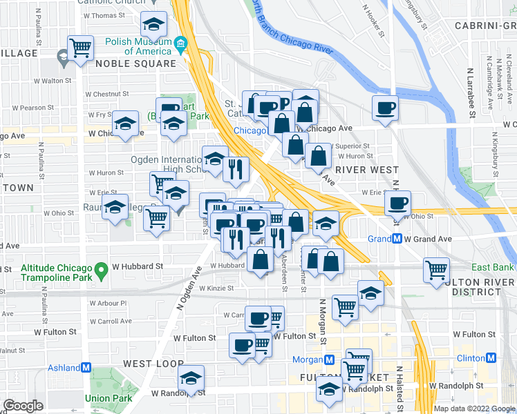 map of restaurants, bars, coffee shops, grocery stores, and more near 1123 West Ohio Street in Chicago