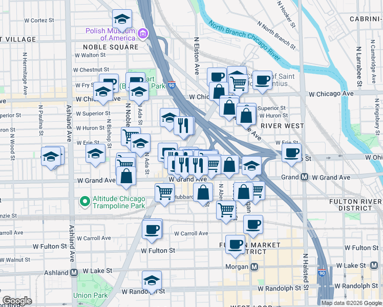 map of restaurants, bars, coffee shops, grocery stores, and more near 529 North Racine Avenue in Chicago
